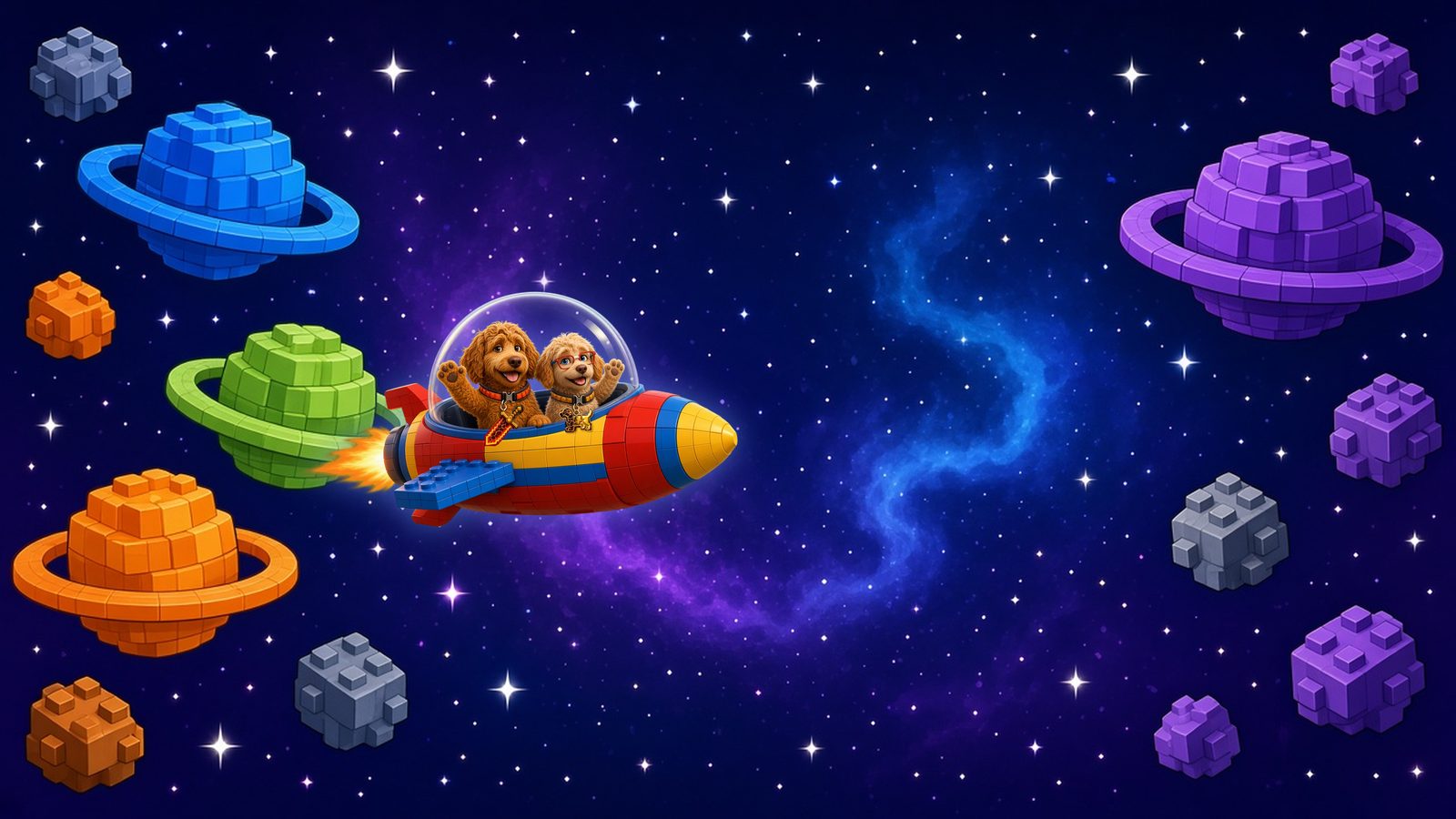 Two cartoon goldendoodle pups waving from the glass dome of a red, yellow and blue brick-built rocket, flying through a starry purple galaxy past brick planets.