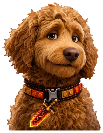 Sticker-style art of the big brother pup: a caramel goldendoodle with wavy fur, a brick-studded collar and a glowing lava sword charm.