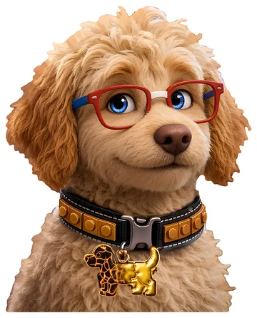 Sticker-style art of the little brother pup: a fluffy cream goldendoodle in red, white and blue glasses, with a lava-to-gold dog charm on his collar.